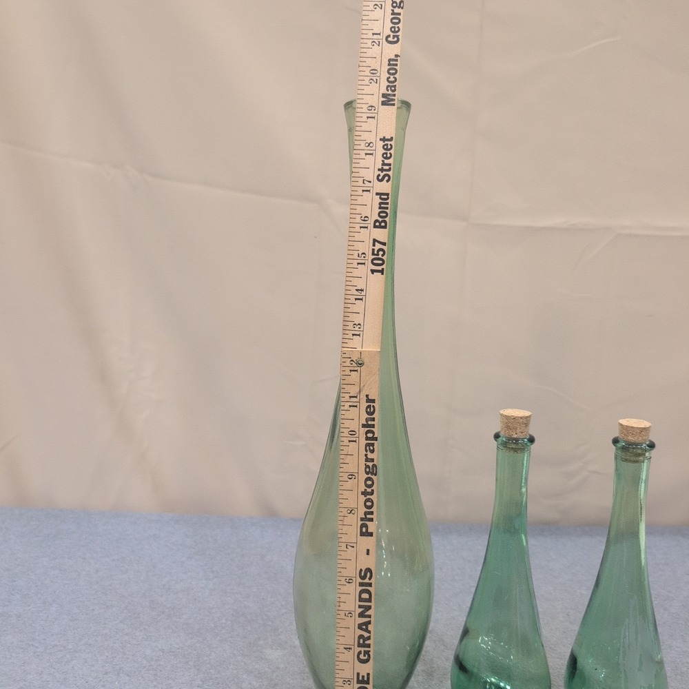 Vintage Green Glass Vase and Bottle Set 3 Piece Teardrop Decor with Corks - Picture 2 of 3